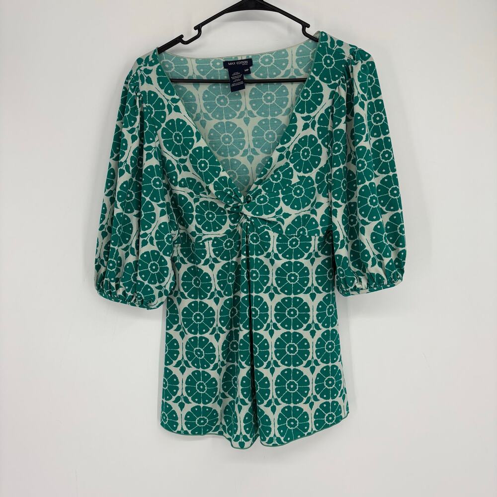 Vintage‎ Max Studio Green Geo Print Babydoll V-Neck Top Size MP 90s y2k